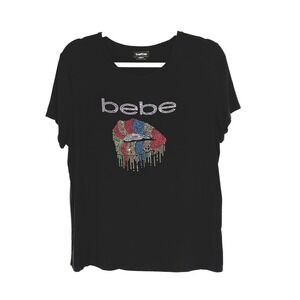 Bebe y2k Womens Plus 1X Black Rhinestone Dripping Lips Graphic T-Shirt Shiny 90s